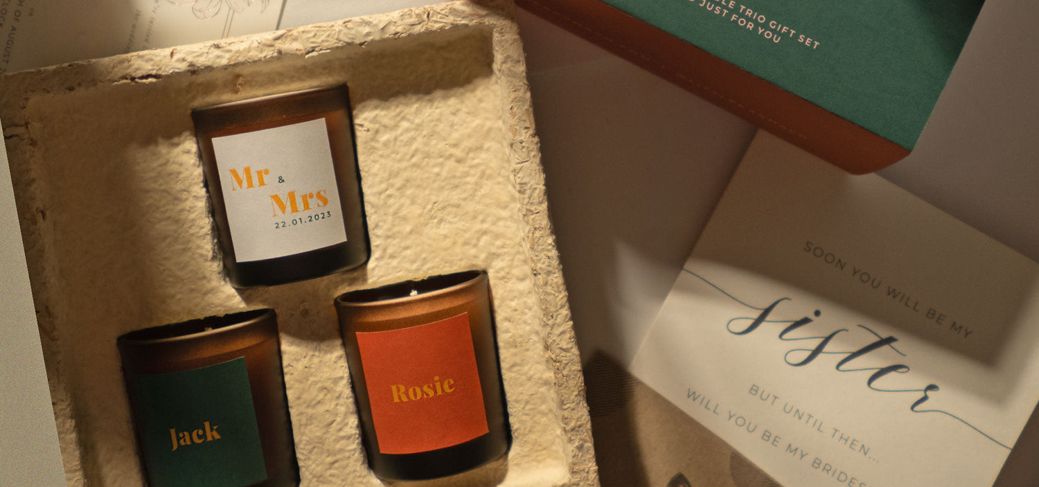 Personalised wedding gifts – refillable candles to celebrate their love